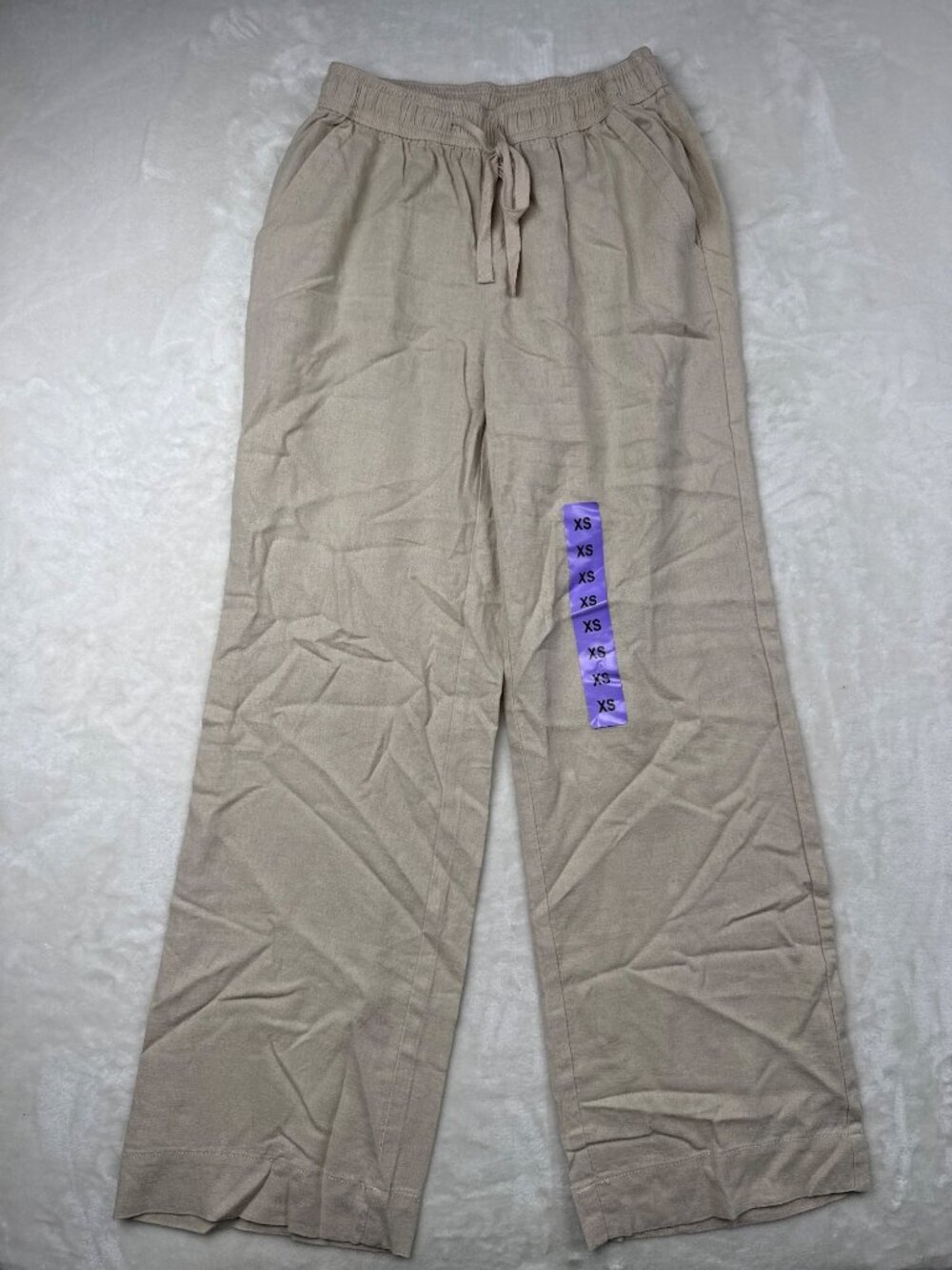 Briggs Womens XS Linen Blend Beige Wide-Leg Pants With Drawstring Waist